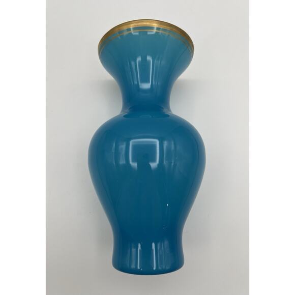 French Blue Opaline Glass Vase Baluster Shape & Flare Rim with Gold Band 8.25” - Picture 10 of 12
